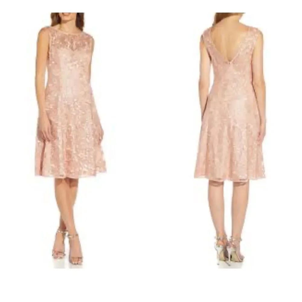 ADRIANNA PAPELL Embroidered Cocktail Dress Champagne Rose Women NWT $199